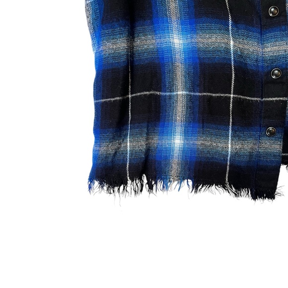 Justice Cropped Electr  Blue Plaid Long Sleeve Button Down Fringed Flannel - Picture 4 of 10